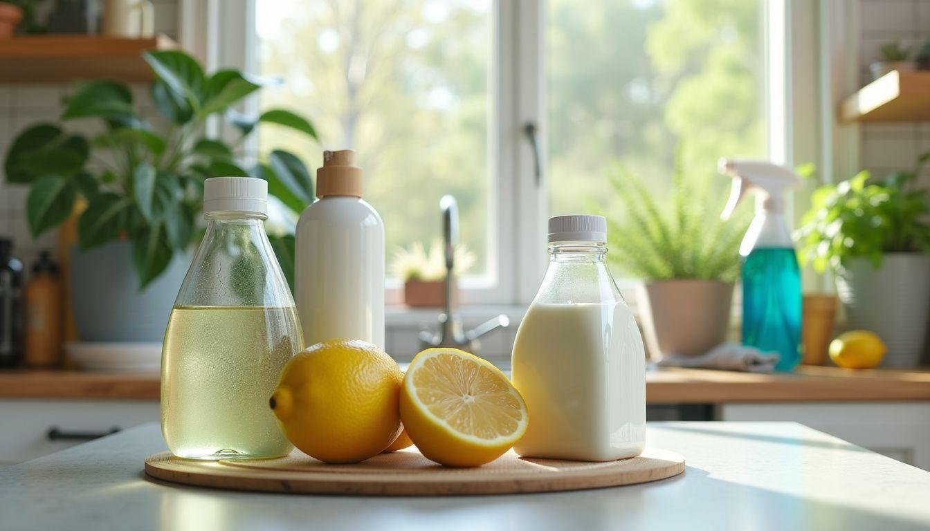 A close-up of a kitchen counter with natural cleaning products and tools.