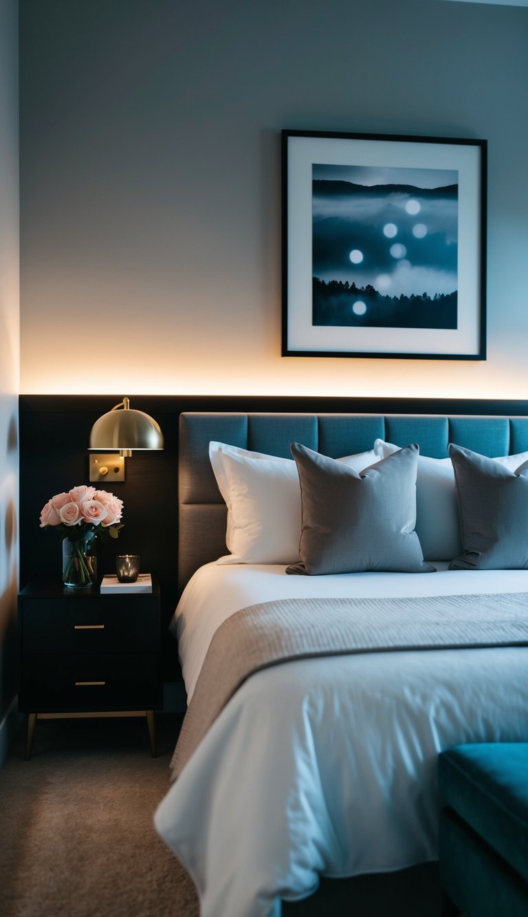 A dimly lit master bedroom with a cozy bed, soft lighting, and a vase of roses on a nightstand