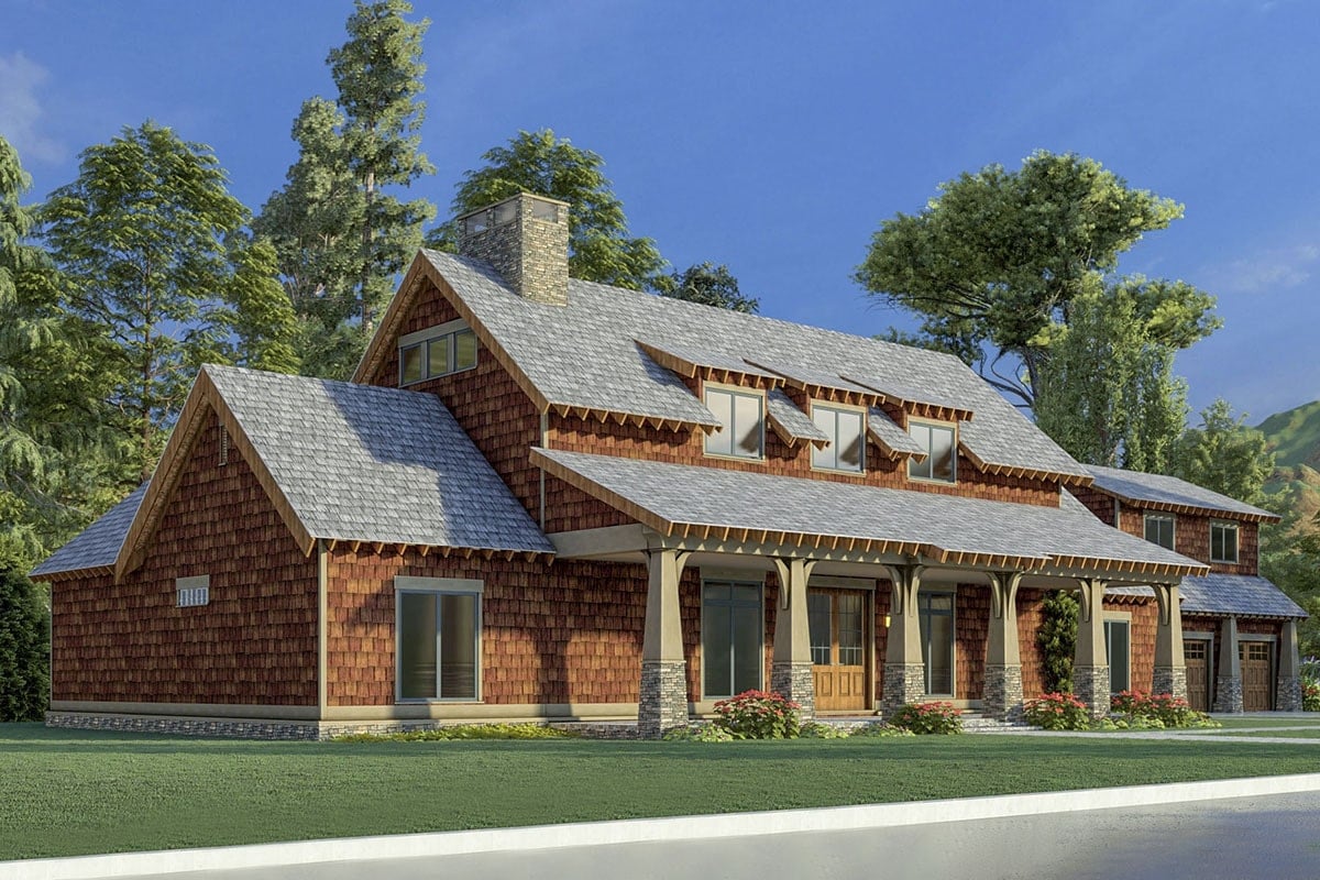 Front-left rendering of the two-story 4-bedroom mountain country home.
