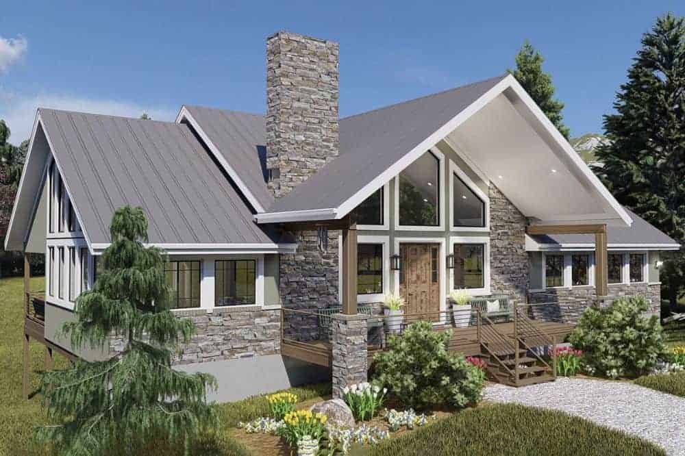 Front-left rendering of the 3-bedroom single-story mountain ranch home.