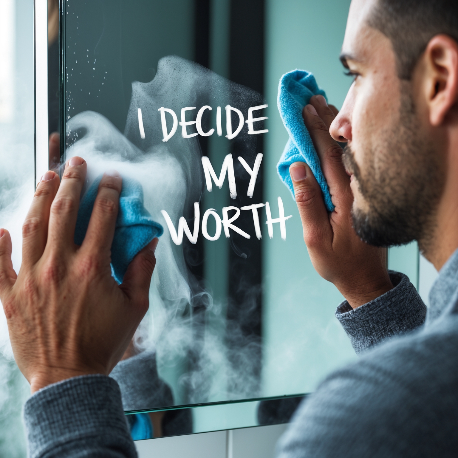 A hand wiping steam off a mirror to reveal the words “I Decide My Worth” – Symbolizing clarity in self-perception.