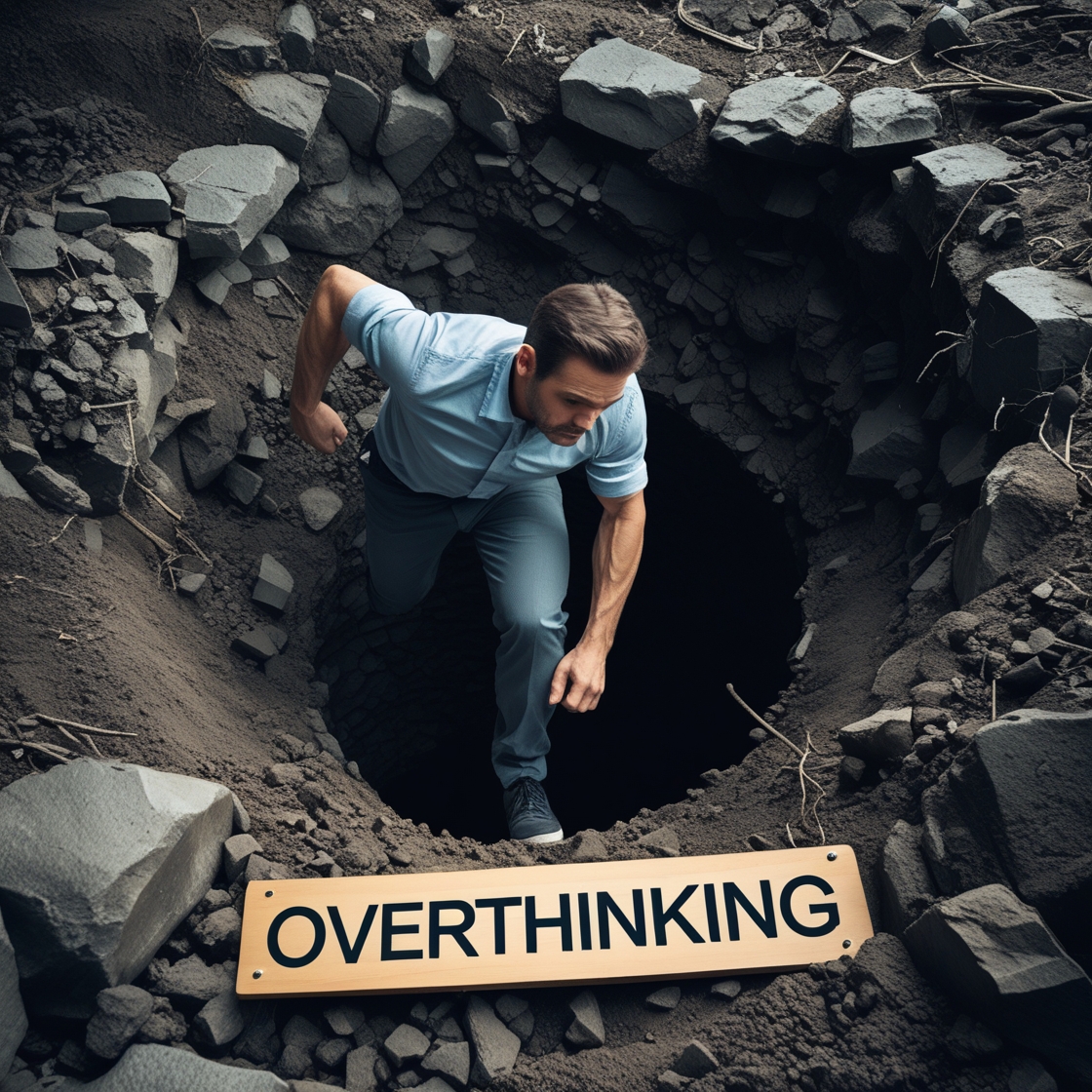 A man climbing out of a deep hole labeled "Overthinking", showing rising above useless thoughts.