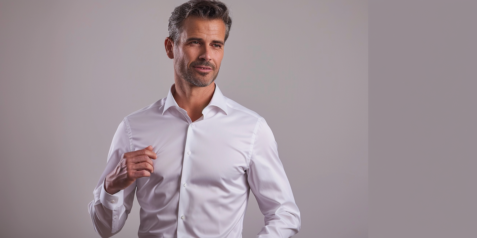 A realistic male model wearing a classic fit dress shirt, showing a loose, relaxed cut through the chest, arms, and waist. Neutral background, natural posture, soft lighting. Focus on comfort and traditional styling