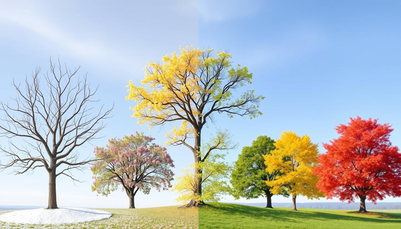 A tree changing with the seasons, from bare branches in winter to blooming flowers in spring, lush leaves in summer, and vibrant colors in fall. Then, show the tree transforming into different shapes and colors, representing the idea of changing states. Include a subtle gradient effect to represent the gradual nature of change.