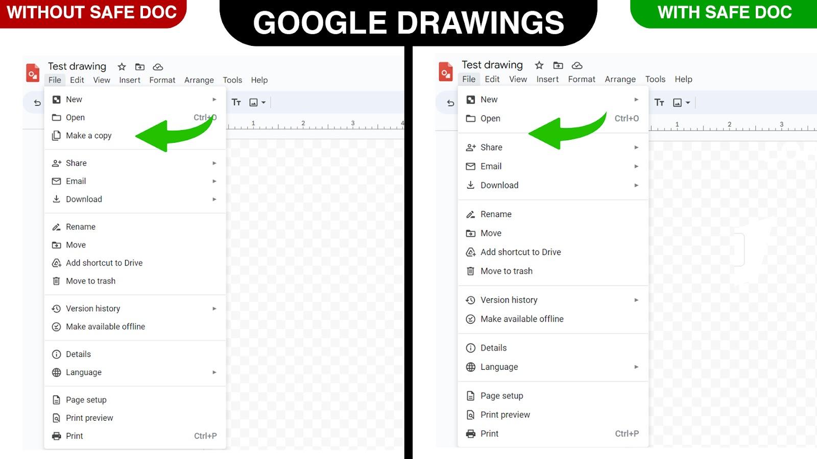 Safe Doc removes the Make a Copy option in Google Drawings