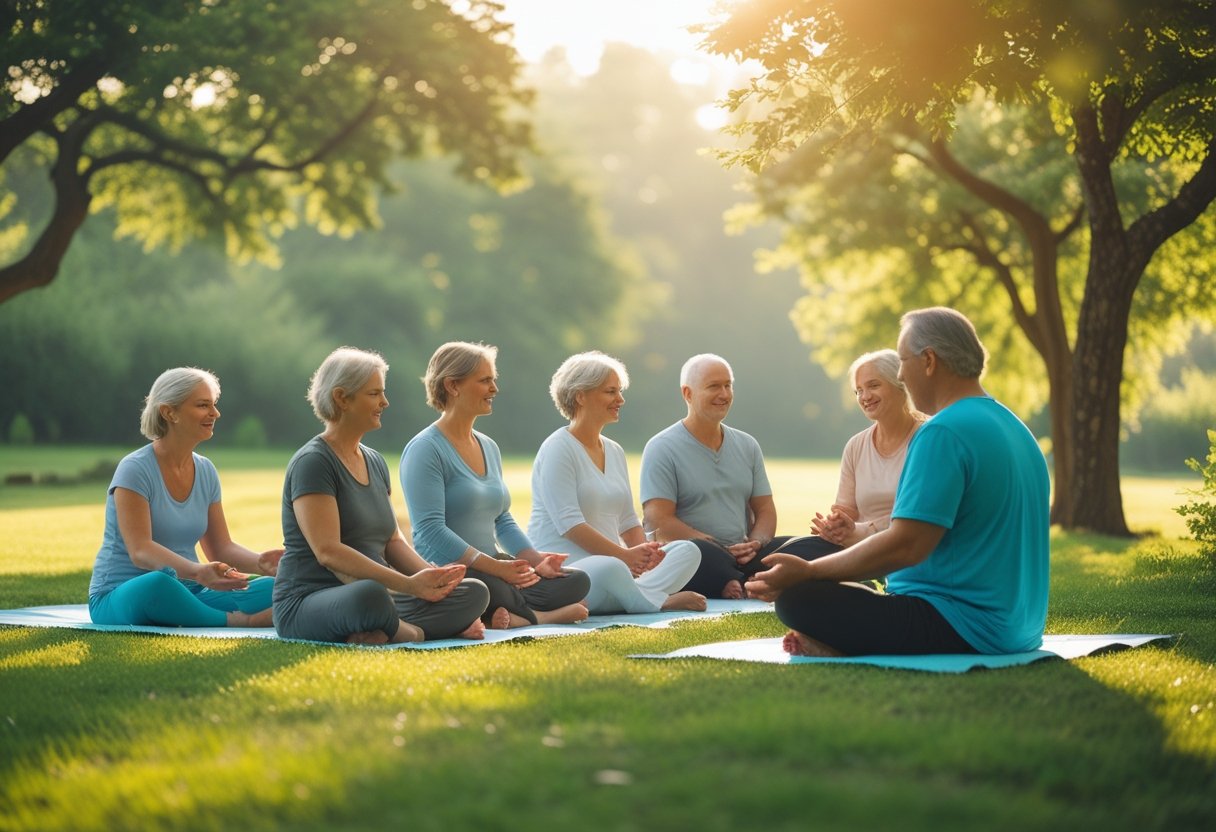A group of adults resting and reflecting peacefully outdoors in a sunlit park surrounded by trees and greenery.