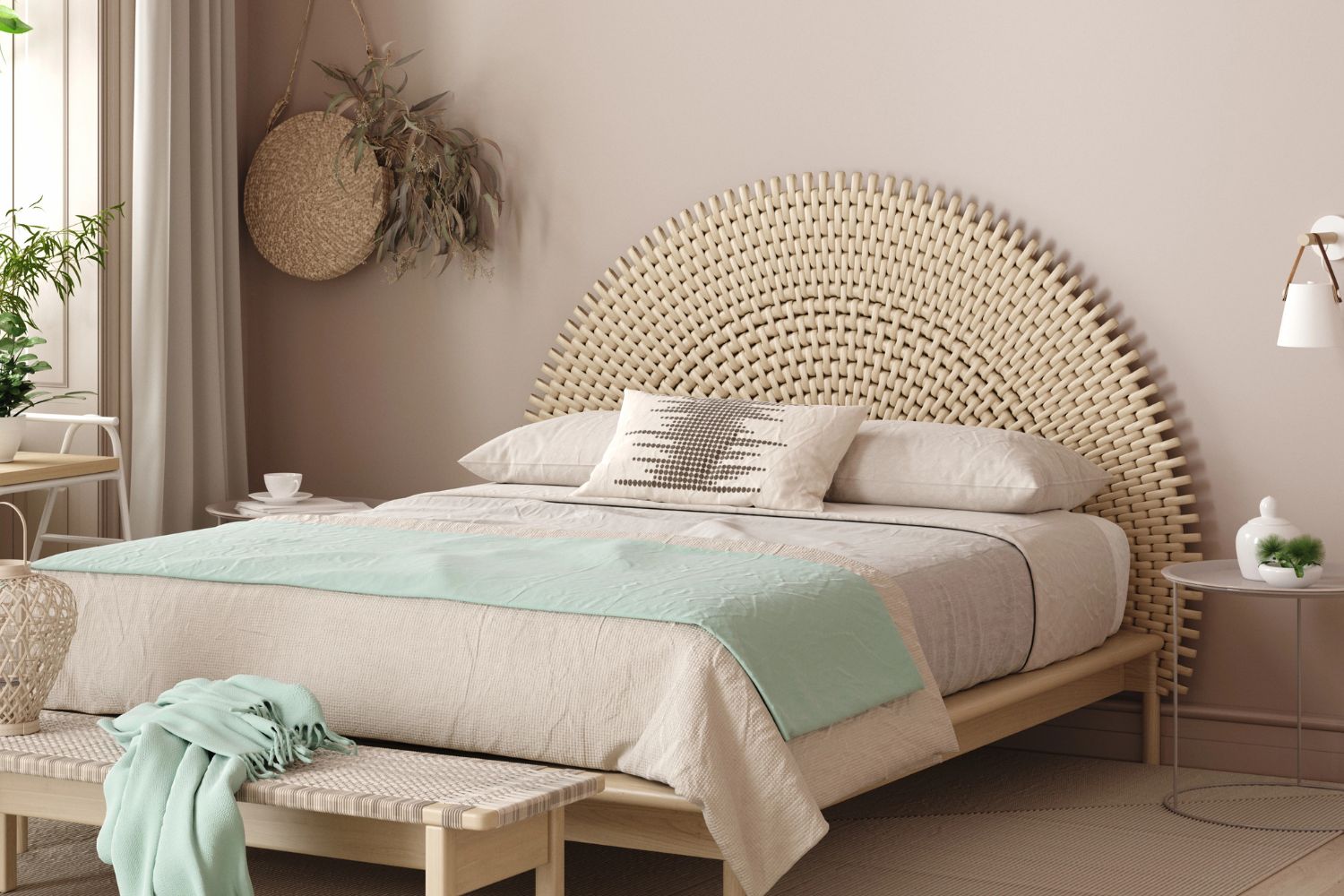 bed with woven headboard