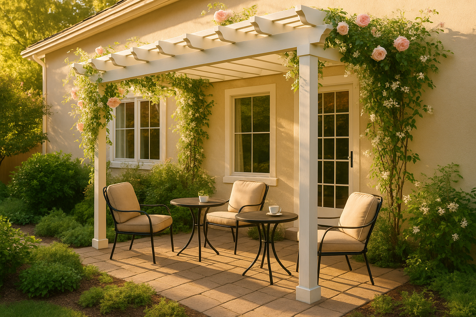 Small attached pergola with bistro table and cushioned chairs in a fragrant garden setting.