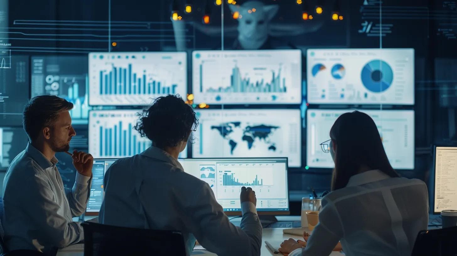 a decisive office environment features a focused small business team collaboratively brainstorming link-building strategies, surrounded by charts showcasing data-driven insights and digital content in various formats on sleek computer screens.