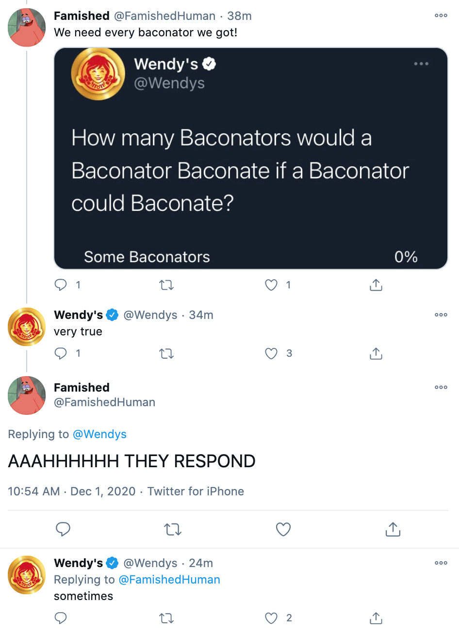 Screenshot of Wendy's witty replies on social media