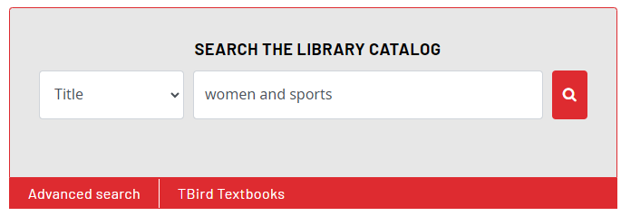 the basic search bar of the library catalog set to a title search for women and sports.