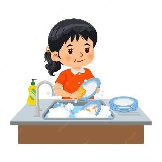 Premium Vector | A little girl washing the dishes in the kitchen