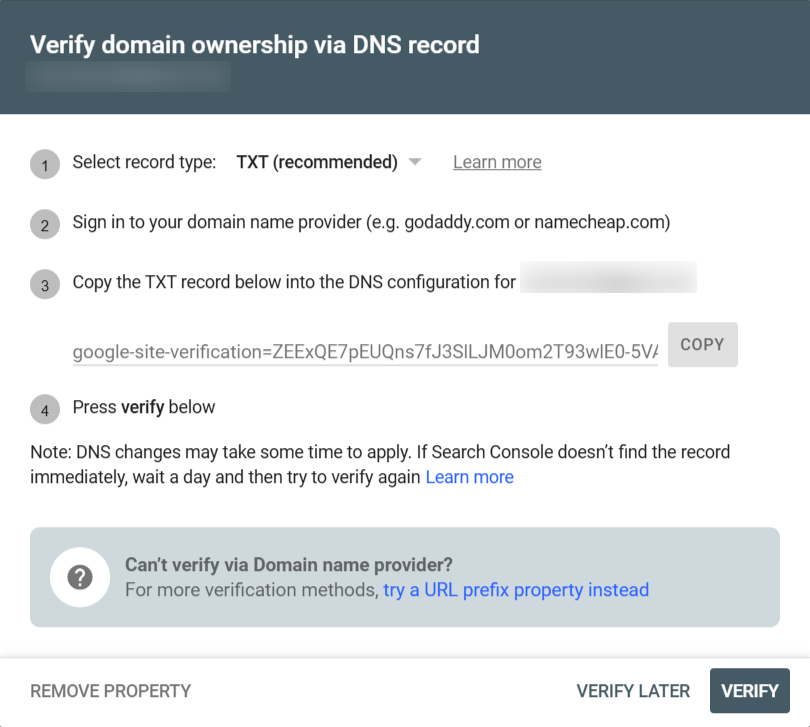 Google Search Console DNS verification