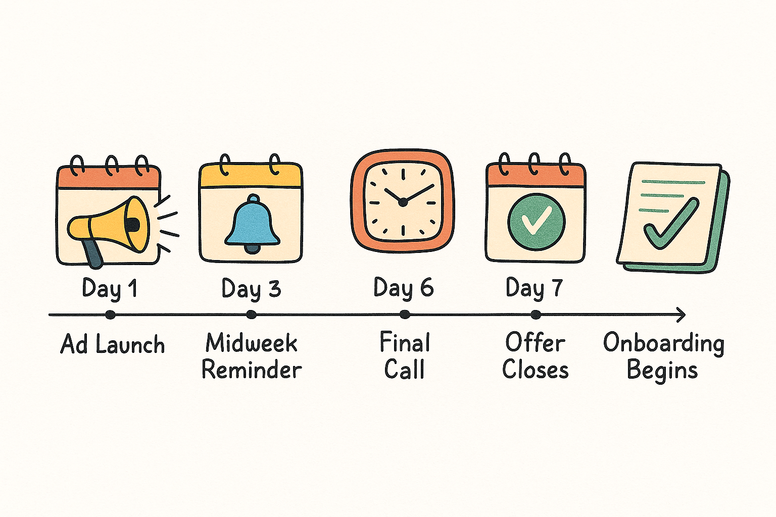 Timeline showing Ad Launch → Midweek Reminder → Final Call → Offer Closes → Onboarding Begins