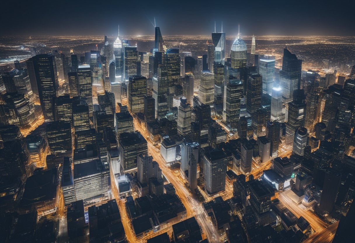 A bustling city skyline with various businesses, each vying for attention. A spotlight shines on one agency, symbolizing its prominence in the competitive SEO industry