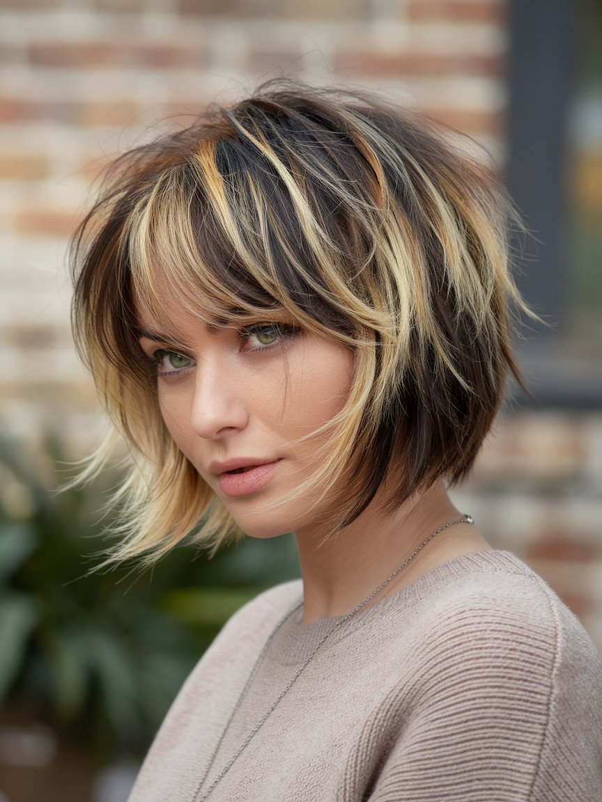 6. Messy Bob Cut with Highlights and Lowlights