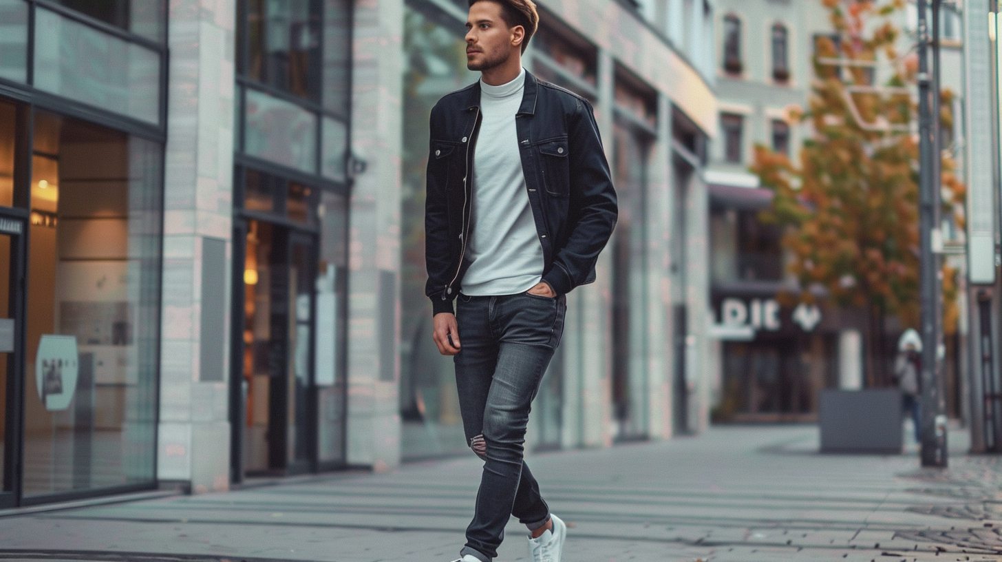 Casual-smart man wearing a black jacket with fitted dark denim jeans, white turtleneck or plain tee, and white sneakers or Chelsea boots, urban evening backdrop.