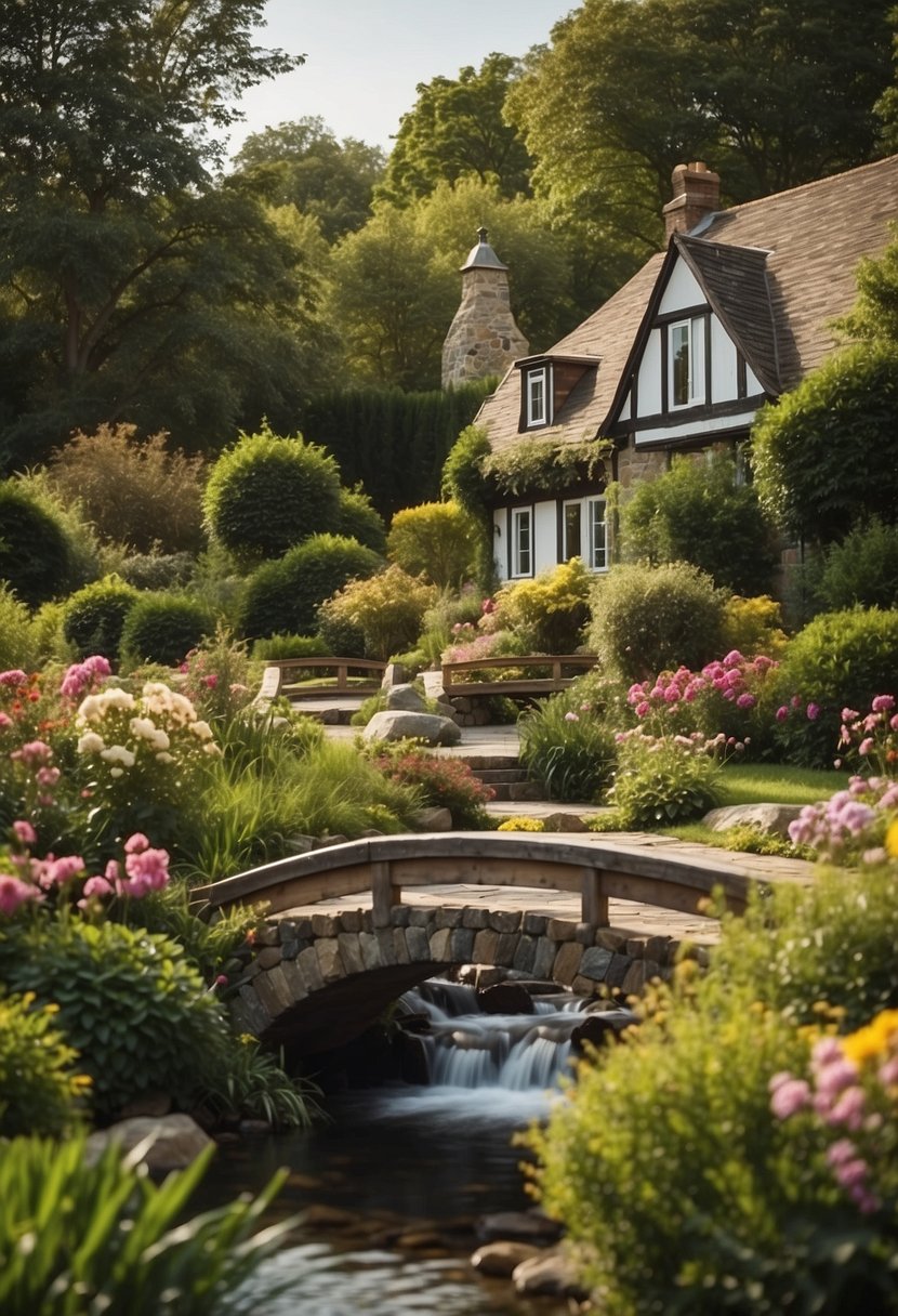 A charming house with a lush front yard. Two decorative bridges span a small stream, surrounded by colorful flowers and neatly trimmed shrubs