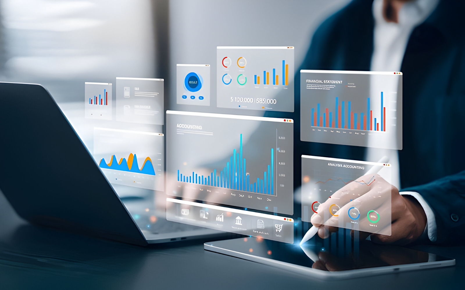 A financial analyst working on digital financial reports displayed on virtual screens, focusing on charts and data visualization.