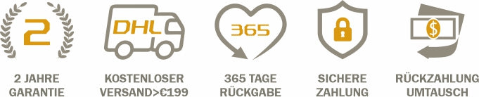 Symbole für Hillman®s 2-in-1-RUCKSACK-HOODIE: ein Lorbeerkranz für 2 Jahre Garantie, ein LKW für kostenlosen Versand ab 199 €, ein Herz für 365 Tage Rückgaberecht; sichere Zahlung mit Vorhängeschloss und einfacher Umtausch mit einem rotierenden Pfeil – perfekt für Ihre Abenteuer mit Nanofleece-Gewebe oder Ihre Anforderungen an einen wandelbaren Rucksack.