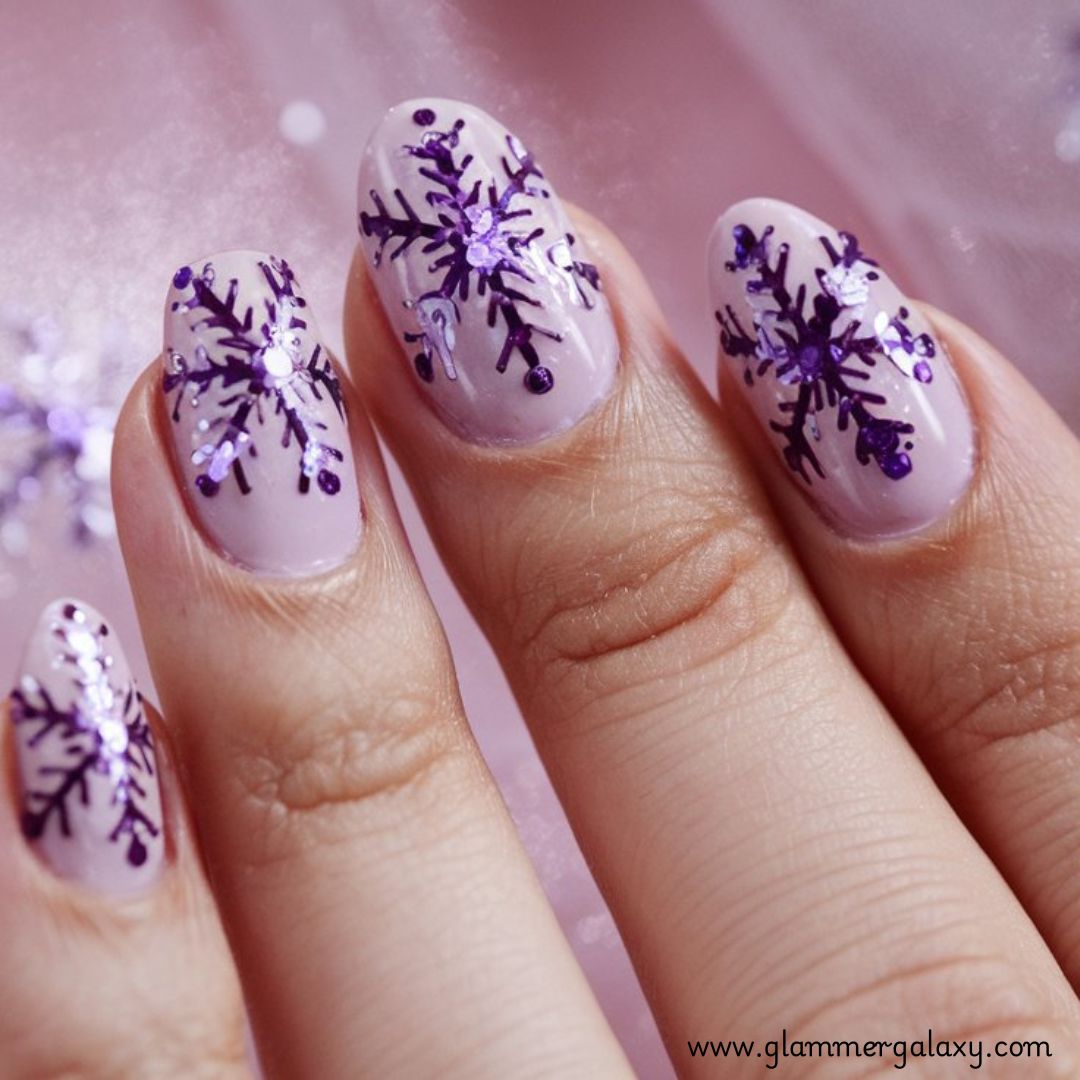 Snowflake Nails having Shimmering Purple Snowflake Nail Design
