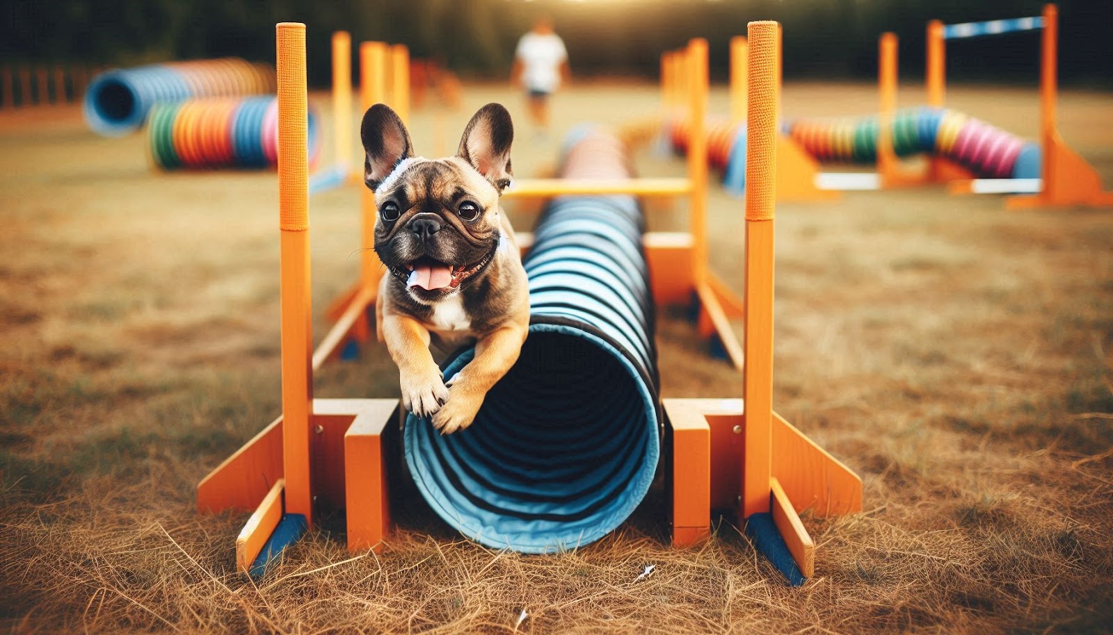 A French Bulldog practicing obedience skills during therapy dog training