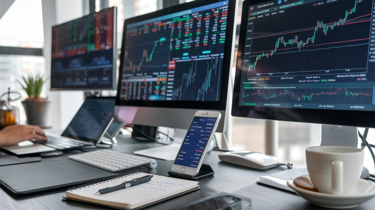 Create a realistic image of a modern trading desk with multiple computer screens displaying real-time stock charts, financial data, and trading platforms. Include a smartphone with a trading app open, a notepad with handwritten notes, and a cup of coffee. The scene should be well-lit, emphasizing the tools and technology used in intraday trading.