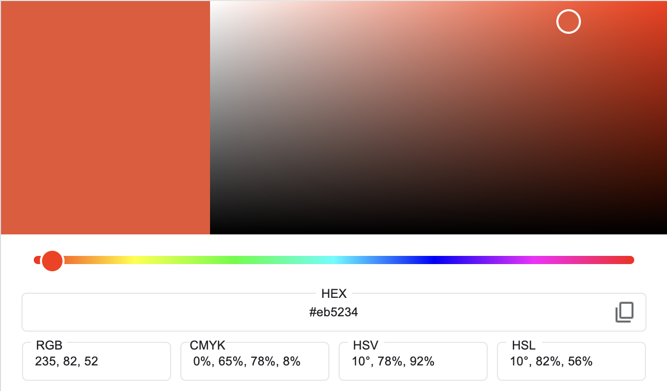 Color representation with HEX, RGB, CMYK, HSV, and HSL