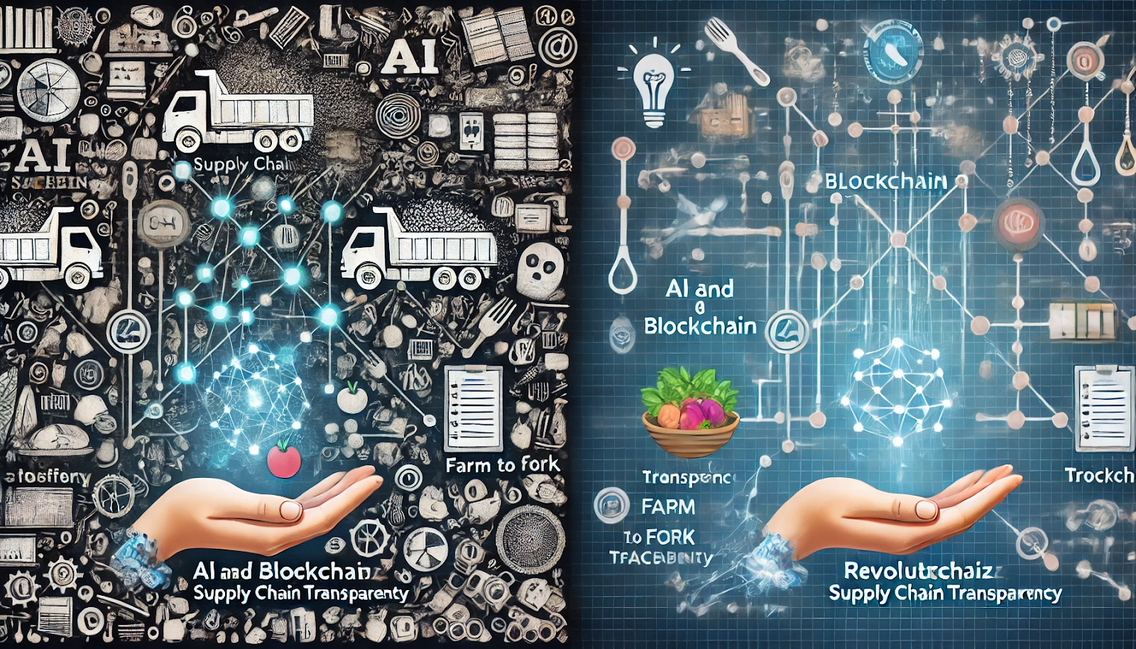 A split-screen illustration comparing a chaotic supply chain process with a streamlined, transparent one enhanced by AI and blockchain, highlighting rapid food traceability and safety.