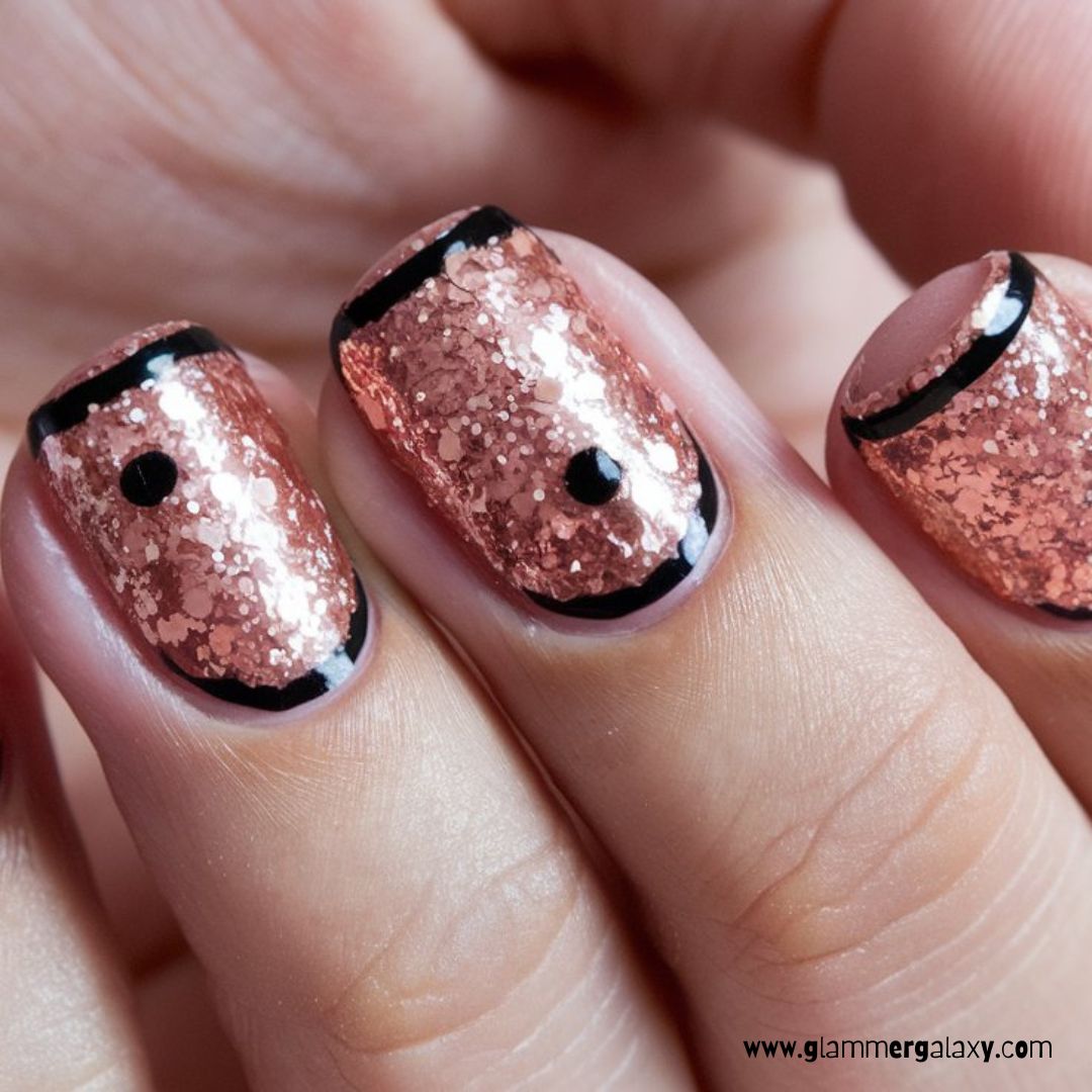 Black and Rose Gold Nail Designs having Full-On Rose Gold Glitter Nails with Black Accents
