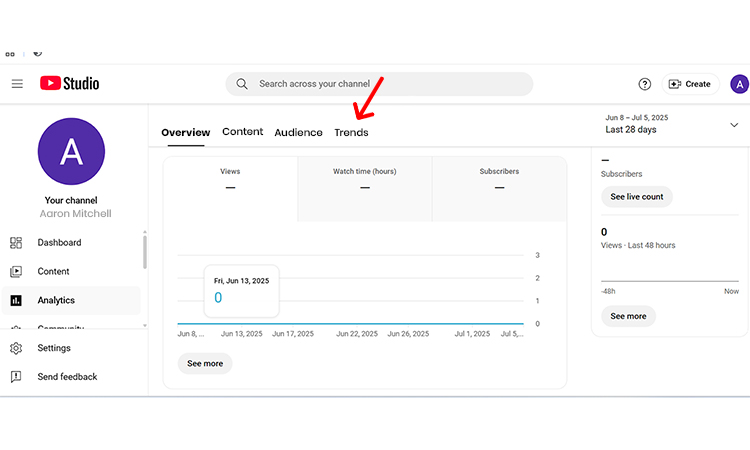 Go Through YouTube Analytics Report- tap on Trends