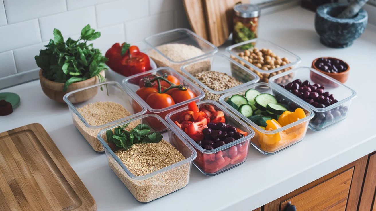 A kitchen counter with neatly organized containers of Mediterranean ingredients ready for meal prepping, including grains, vegetables, and proteins.