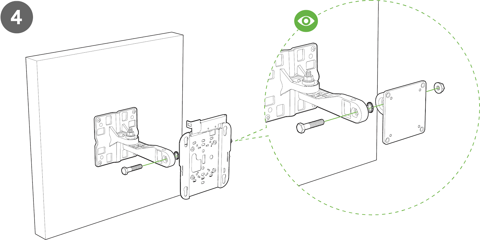 Image showing connection o the access point bracket plate connected to the AIR-AP-BRACKET-2 with the mounting arm