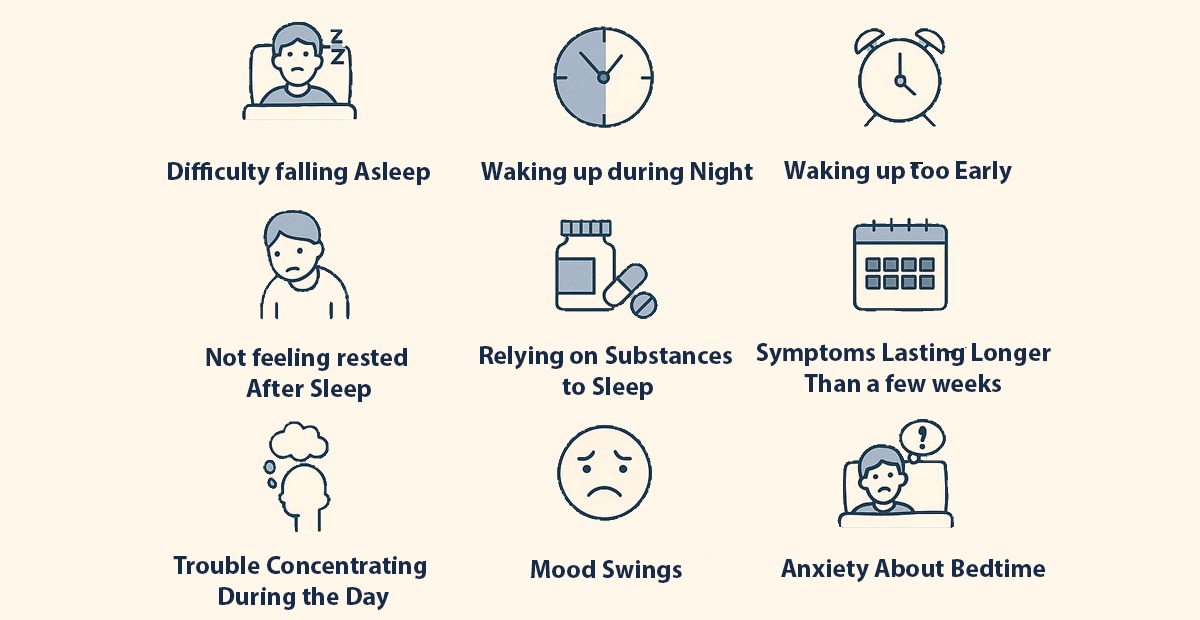 Poster illustrating various sleep disorders, highlighting 9 signs of insomnia for awareness and understanding.