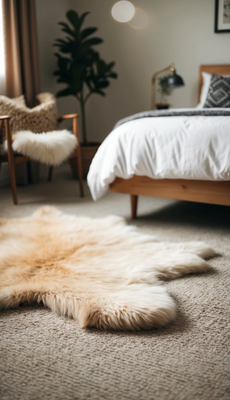 A sheepskin rug lies on the floor of a cozy bedroom, adding warmth and texture to the space