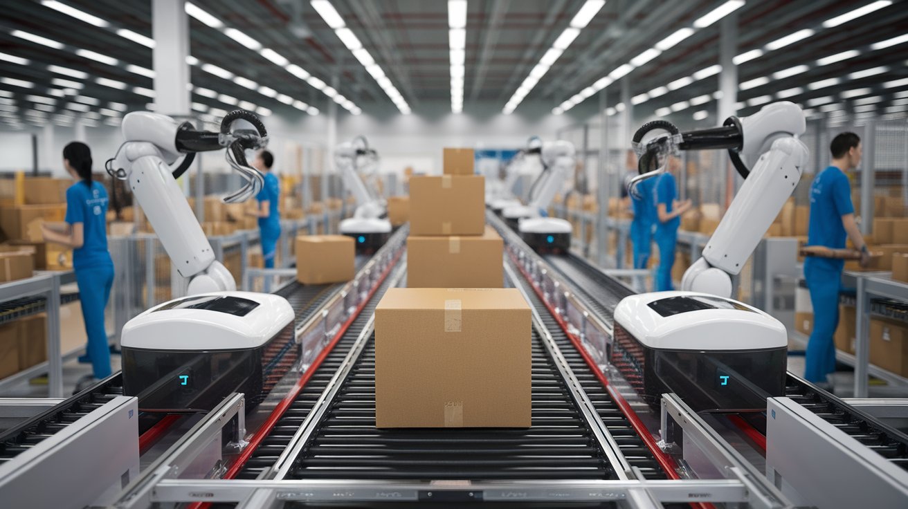 An advanced warehouse featuring robotic arms and automated systems working on a conveyor belt transporting cardboard boxes. Workers in blue uniforms assist in the background, showcasing a seamless integration of human labor and cutting-edge technology for efficient omnichannel fulfillment.