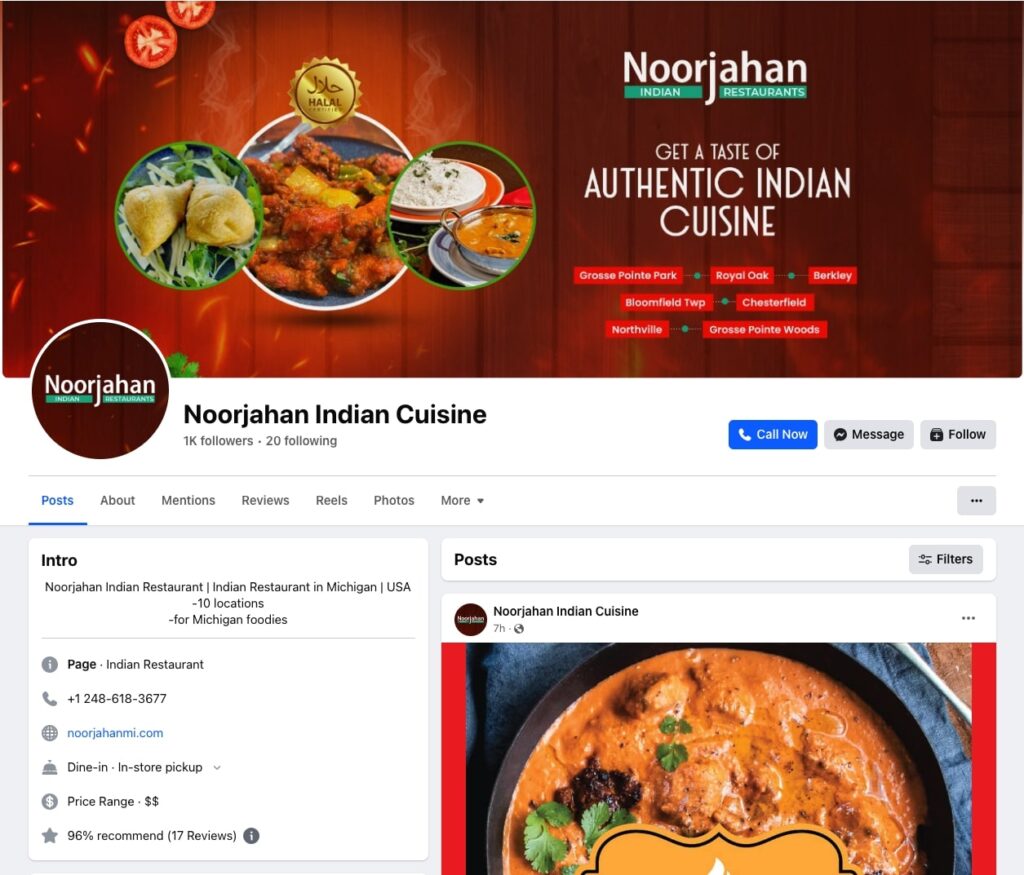 Noorjahan Indian restaurant social media page vibrant food photography