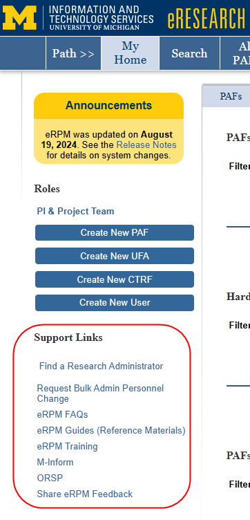 eRPM My Home workspace Support links