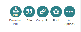 screenshot of the sharing and citing options in a ProQuest database, showing the quotation mark icon for citations.