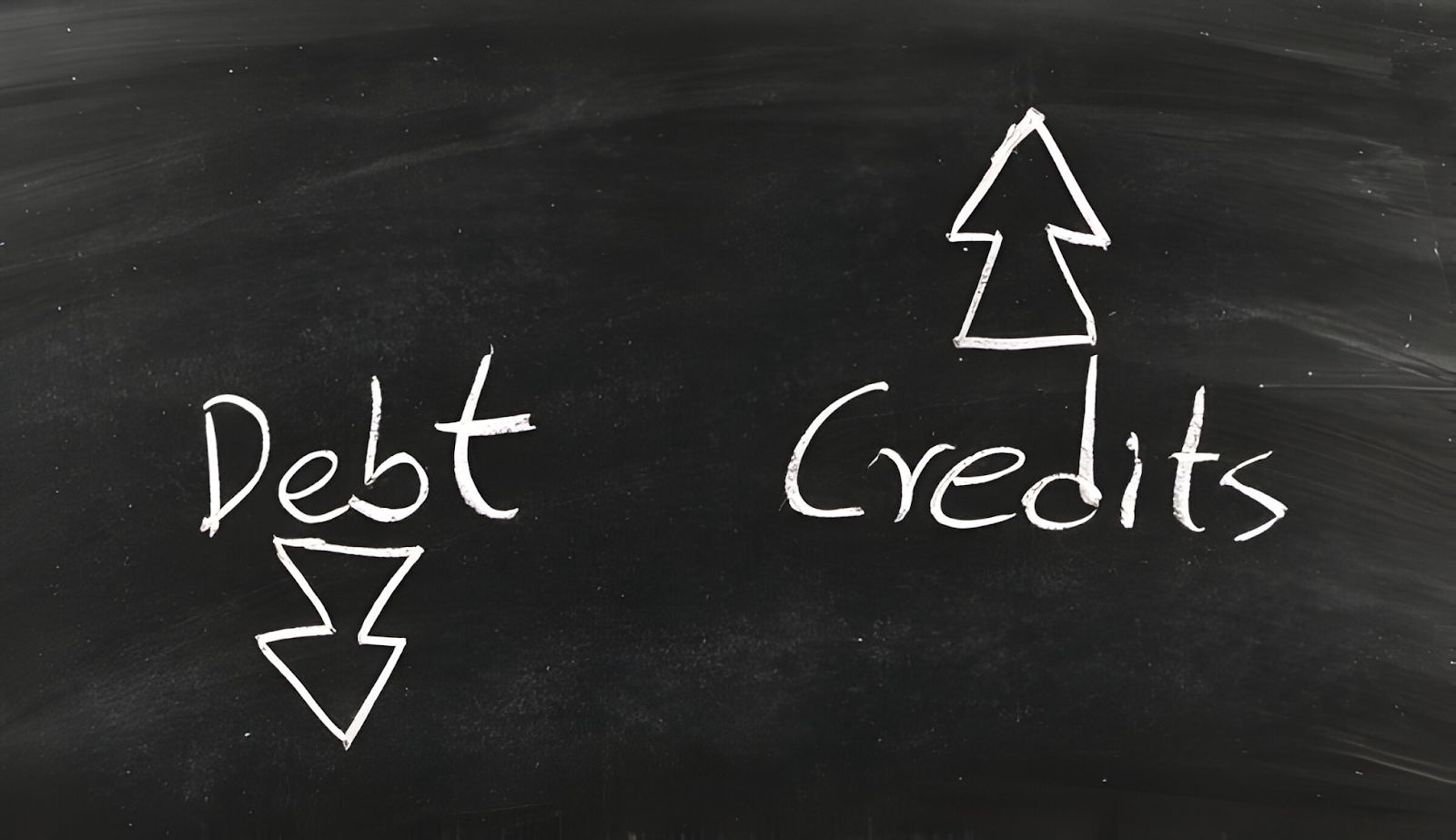 Chalk drawing showing downward arrow for debt and upward arrow for credits, symbolizing debit and credit flows in asset accounts.