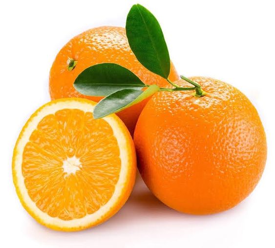 Close-up image of fresh oranges, including a whole orange, a sliced half, and green leaves, on a white background.