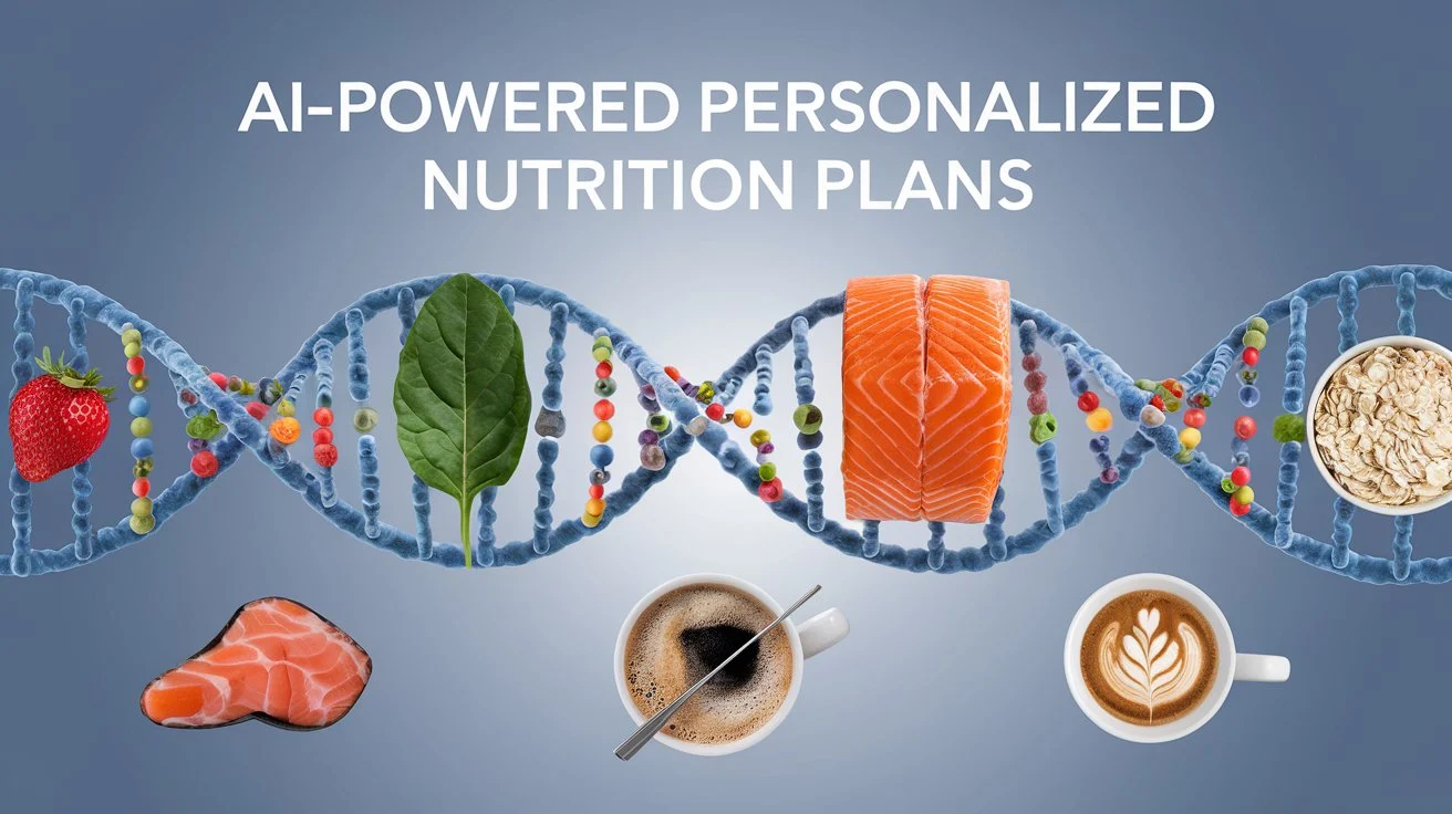 DNA strand with food items illustrating the concept of nutrigenomics.