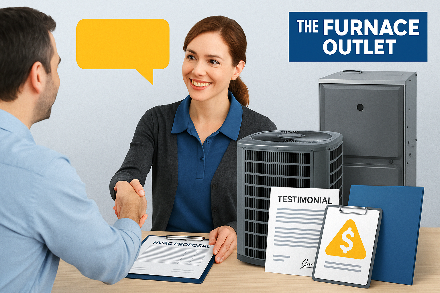 A branded image for The Furnace Outlet showing a woman and client shaking hands over an HVAC proposal, with furnace and AC unit in the background, plus testimonial documents and pricing symbols—illustrating trust-building, transparency, and client support in HVAC service delivery.