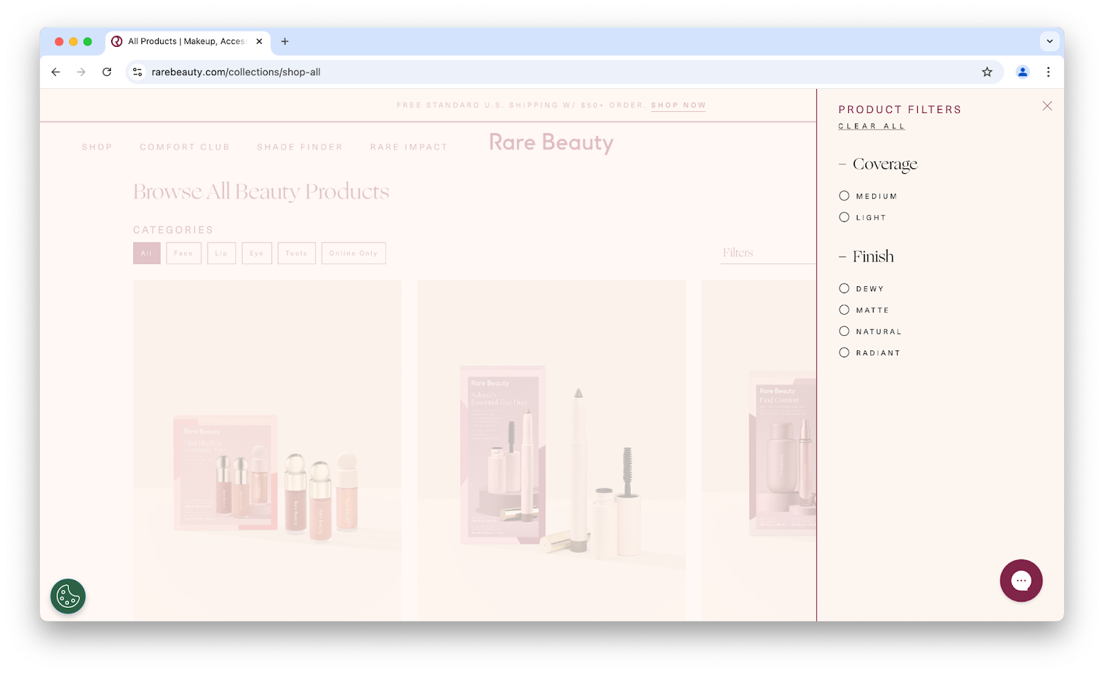 Image of Rare Beauty's product filters on its website.