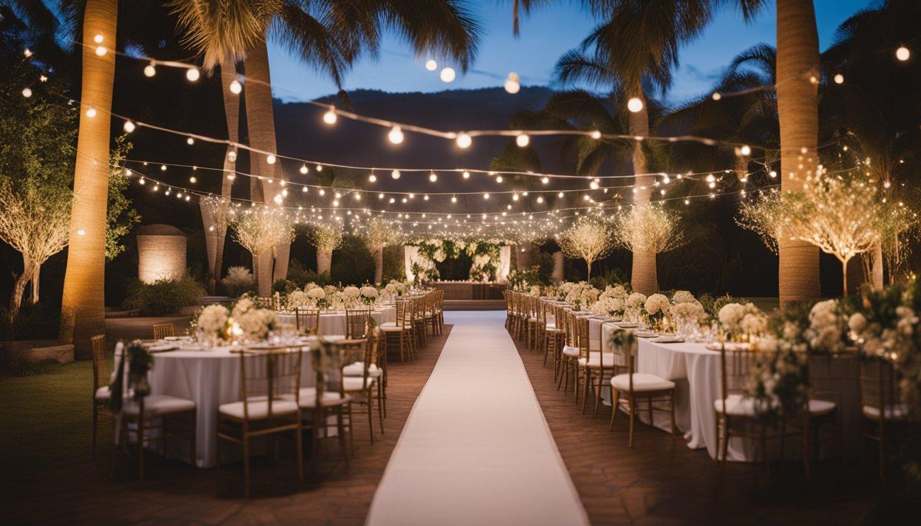 A serene outdoor wedding venue illuminated by soft string lights and adorned with elegant amenities, contrasting with a cozy indoor venue featuring warm ambient lighting and luxurious furnishings