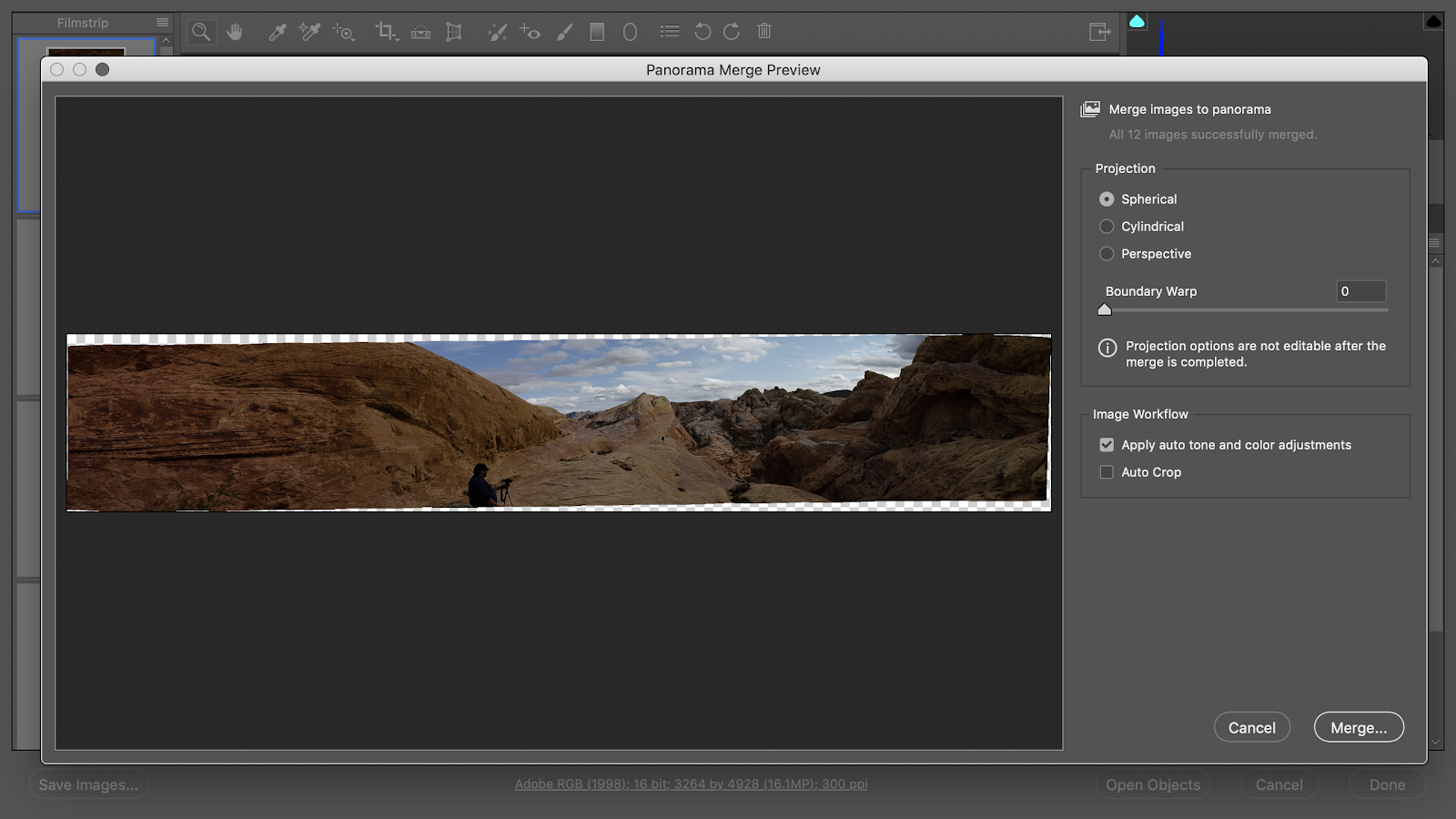 Panorama Merge Preview window showing a panoramic photo with uneven edges or boundaries. In the Projection menu, options are a Spherical radio button, a Cylindrical radio button, a Perspective radio button, and a Boundary Warp slider set to 0. In the Image Workflow menu are an Apply Auto Tone and Color Adjustments check box and an Auto Crop check box.