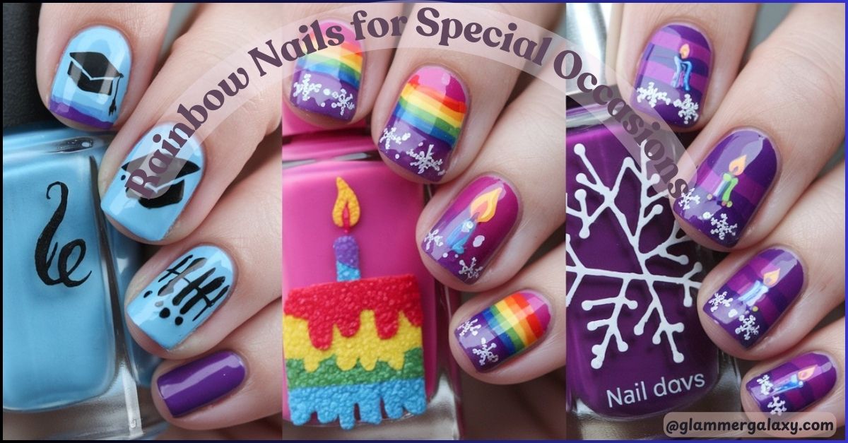 Assorted nail art designs featuring rainbow patterns, candle, snowflake, and musical notes on colored polish.