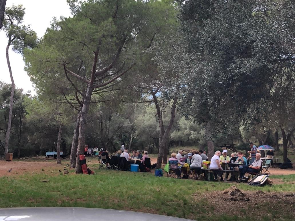 A group of people sitting at a picnic table

Description automatically generated