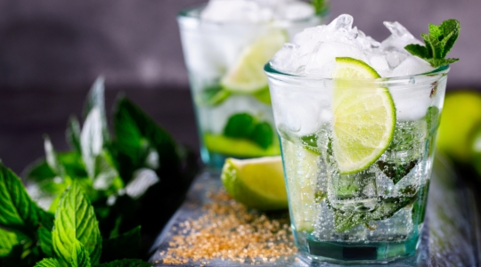 A refreshing glass of mojito garnished with lime wedges, fresh mint leaves, and crushed ice.