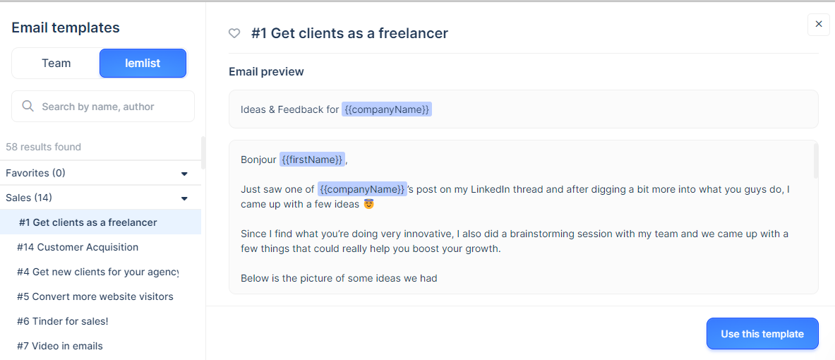 Lemlist's email templates for personalization